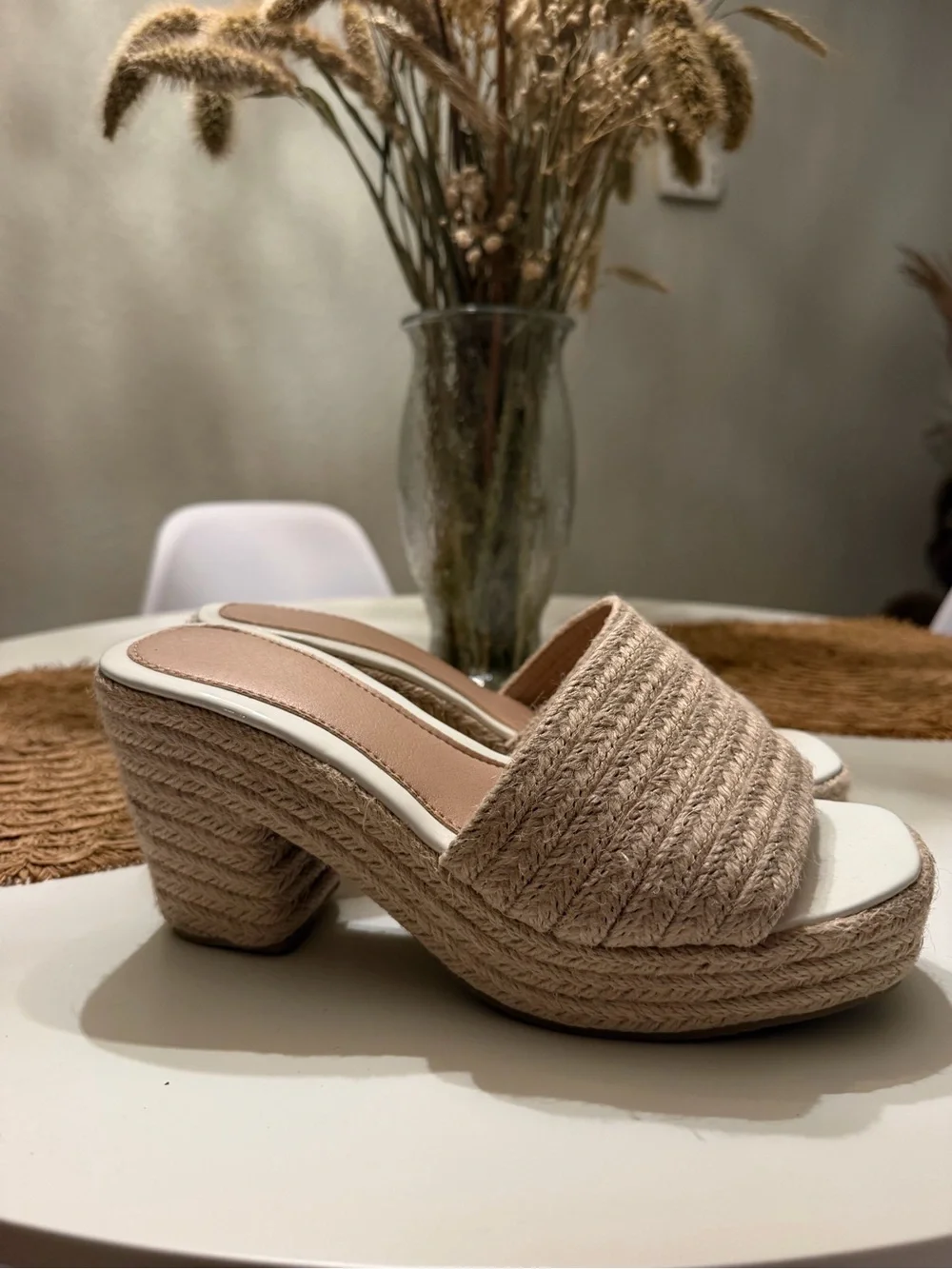 Neutral Espadrille Platform Slide Heels